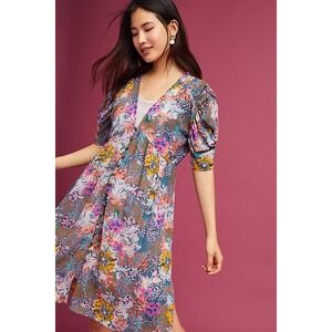 Akemi Kin Floral Print Puff Sleeve V Neck Mini Dress Women's Size M